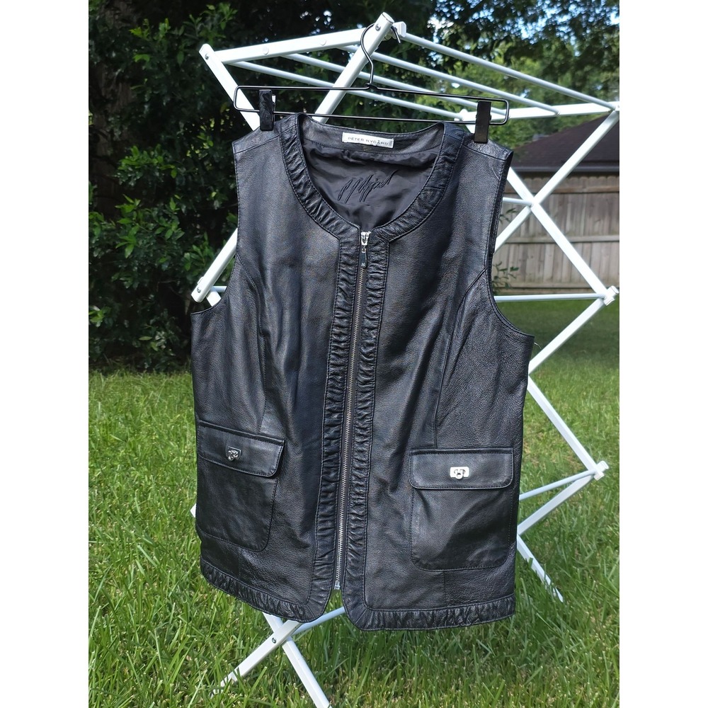 Peter Nygard Leather Vest Womens Large Black Full Zip Turnlock Pockets